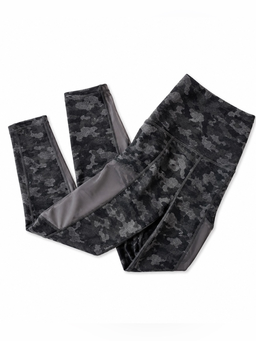 FABLETICS GRAY CAMO DESIGN CROP LEGGINGS WITH MESH SIDE PANELS